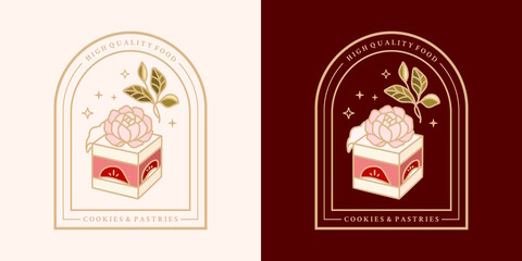 Hand drawn vintage cake, pastry and bakery elements with strawberry, peony flower, green tea, and floral vector illustration for food logo, emblem, icon, brand, sticker or product decoration © Artflorara