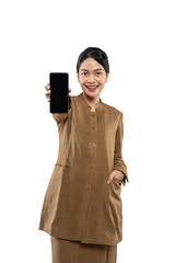Beautiful woman in government uniform showing her cellphone screen to the camera