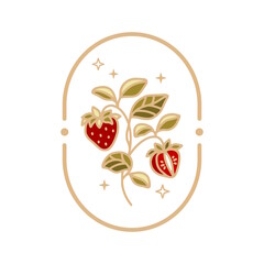 Hand drawn vintage strawberry, leaf branch logo element and floral vector illustration with frame for brand, sticker, label, or product decoration