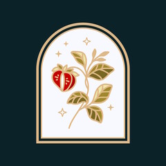 Naklejka premium Hand drawn vintage strawberry, leaf branch logo element and floral vector illustration with frame for brand, sticker, label, or product decoration