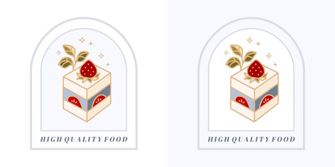 Set of hand drawn vintage cake, pastry and bakery elements with strawberry, green tea, and floral illustrations for food logo, emblem, icon, brand, sticker or product decoration