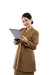 Smiling woman in civil servant uniform standing using a digital tablet