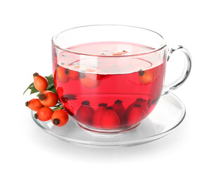 Glass cup of tasty rose hip tea and berries on white background