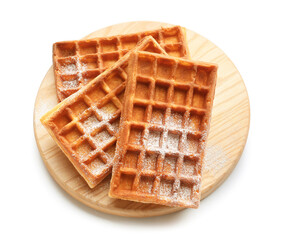 Board with yummy Belgian waffles on white background