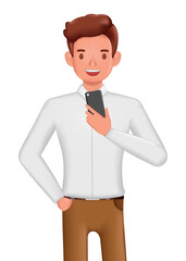 Businessman using smartphone to check message, new and email character design. 3d vector illustration.