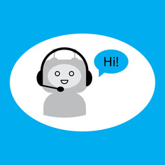Bot sign. Online assistant. Computer robot. Chat element. Blue background. White circle. Vector illustration. Stock image. 