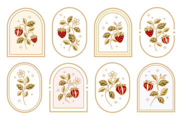 Collection of Vintage Strawberry Logo, Label with Frame, Leaf & Floral Elements