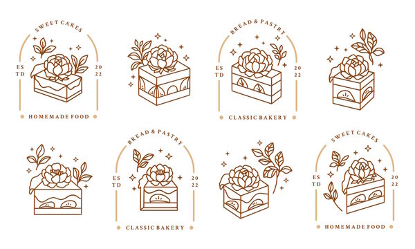 Set of vintage hand drawn cake, pastry, bakery logo elements
