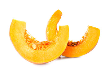 Ripe pumpkin slices on white background
