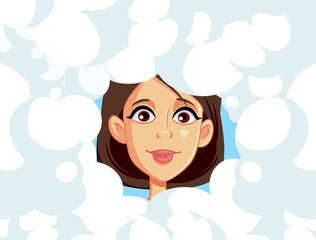 Happy Woman with Head in the Clouds Vector Cartoon