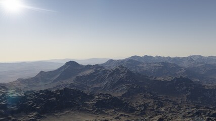 alien planet landscape sci fi spatial background, view from planet surface with spectacular sky, realistic digital illustration