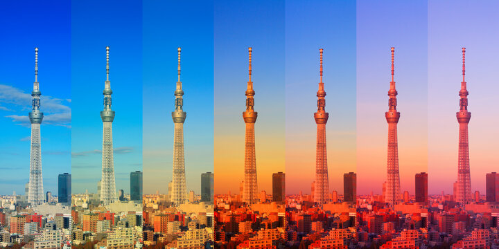七色に変化する東京スカイツリーの昼から夕景, 墨田区,東京都