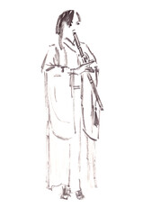 girl musician in chinese hanfu playing xiao flute, ink drawing in chinese style