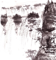 Fototapeta na wymiar Mountain landscape with waterfall and pine trees in chinese style ink drawing