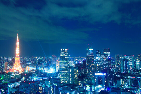 東京タワーのライトアップと都心のビル群,夜景, 港区,東京都