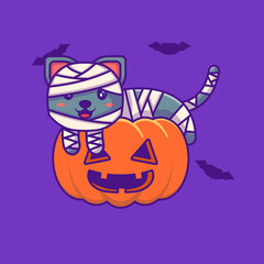 Cute mummy cat in pumpkin happy halloween with cartoon illustrations