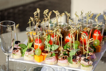 Appetizers on the white plate on a buffet table. High quality photo