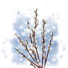 水彩のネコヤナギと雪
