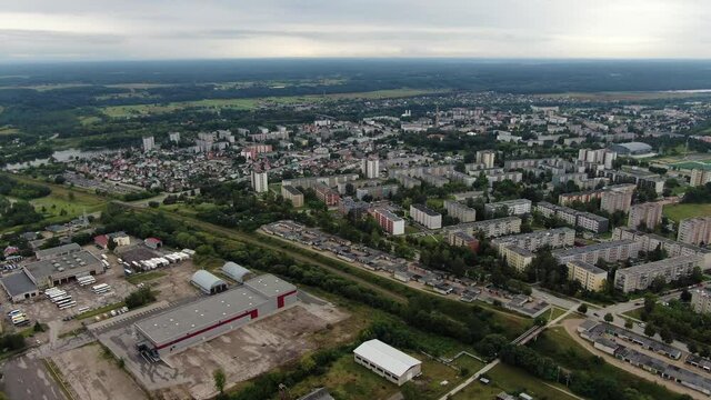 Industrial side with apartment building view of Jonava city, aerial view