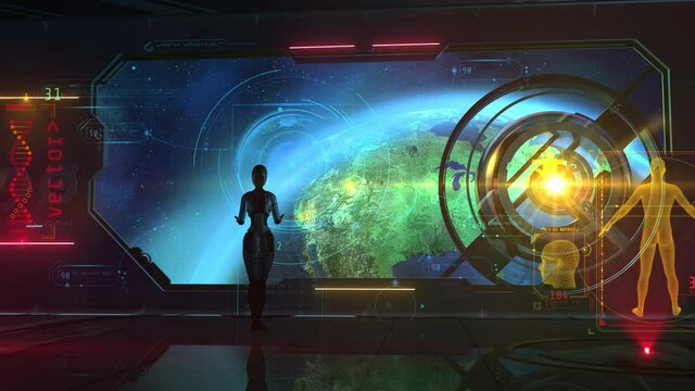 A robot in a spaceship orbiting the Earth, 3D render.