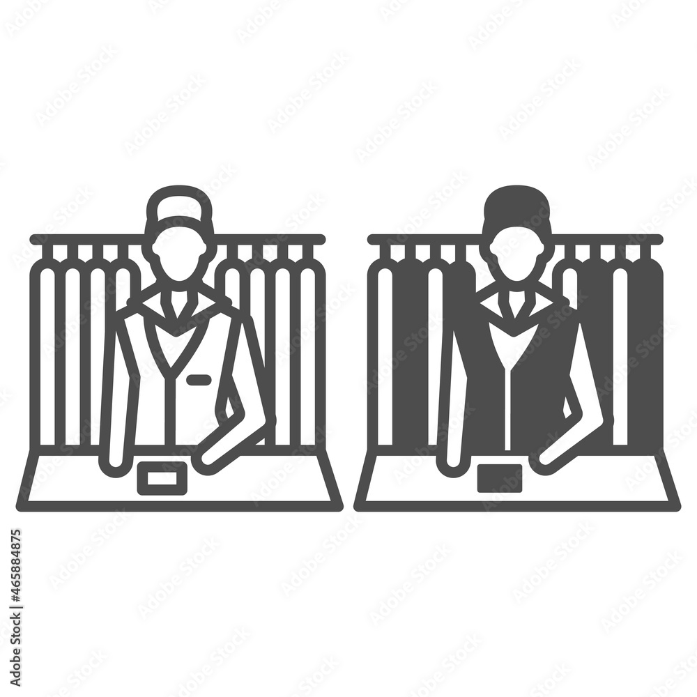 Poster dry cleaning worker behind pick up counter line and solid icon, dry cleaning concept, reception vect