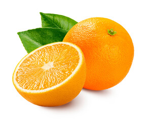 Orange fruit with half and leaves isolated on white background.