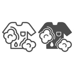 T shirt washing, foam and water drop line and solid icon, dry cleaning concept, stain removal vector sign on white background, outline style icon for mobile concept and web design. Vector graphics.