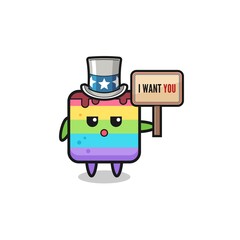 rainbow cake cartoon as uncle Sam holding the banner I want you