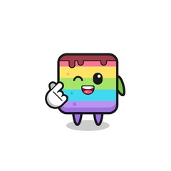 rainbow cake character doing Korean finger heart