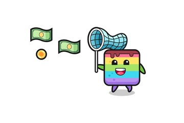 illustration of the rainbow cake catching flying money