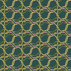 Hexagon seamless texture. Mosaic, inlay. Illustration in stained glass style. Art Deco style. Seamless chaotic hexagon pattern. For wallpaper, textile print, tile. Scilla, bluebell. Golden hexagons.