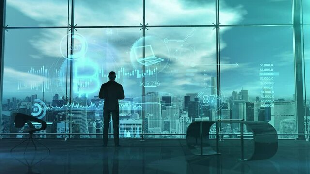 Silhouette of a trader in front of bitcoin quotes data, 3D render.