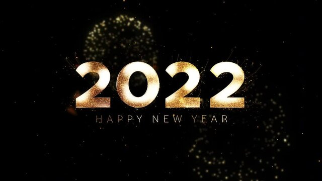 Happy New Year 2022 golden particles opener on gold firework background new year resolution concept.
