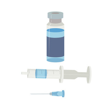 Glass bottle with vaccine, medicinal preparation in liquid form. disposable syringe and needle. Vector stock illustration isolated on white background.