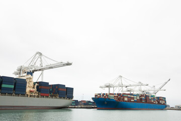 Port cranes offload cargo containers from sea vessels.
