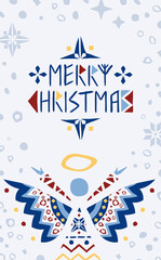 Vertical scandinavian greeting card template with angle and merry christmas text in runictic style. Also can be used as separated elements.