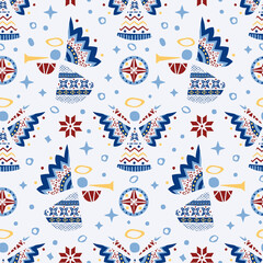 Vector seamless pattern with angels and stars in scandinavian folk style. Good for winter holidays textile and wrapping designs.