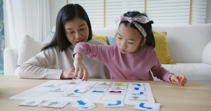 Little cute girl play and learn offline class computer language game Unplugged Coding computing concept with mom for asia kindergarten gen Z smart kids sit at table home sofa. STEM STEAM ICT skill.