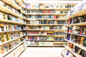 blurry bookstore shelves with books.
books and textbooks in the bookstore and in the library. Education and development. Love for reading.
