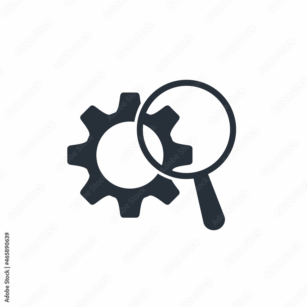 Poster cogwheel under a magnifying glass. technical data, characteristics. operating conditions. vector lin
