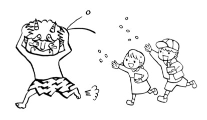 豆まき子どもと逃げる鬼のイラスト