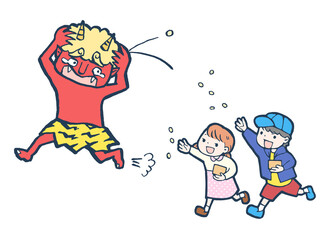豆まき子どもと逃げる鬼のイラスト