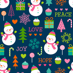 Seamless of cute snowman and decorative elements for christmas and new year background.
