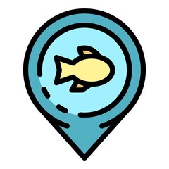 Fish map pin icon. Outline fish map pin vector icon color flat isolated