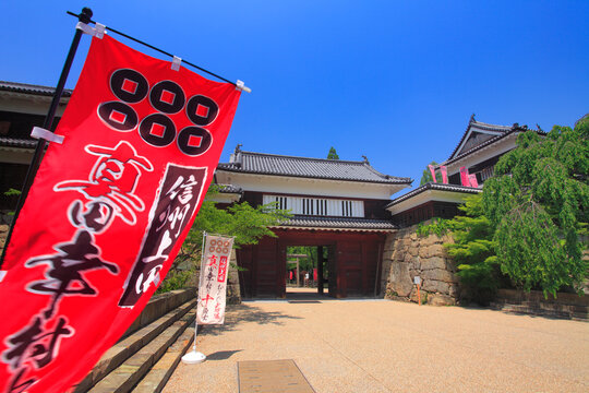 六文銭の幟と東虎口櫓門と北櫓, 日本,長野県,上田市