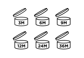 Period after opening (PAO). The expiration date (in months) icon of cosmetics and household chemicals after opening the container. Cylindrical open container in black. Isolated raster pictogram.