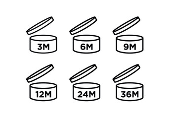 Period after opening (PAO). The expiration date (in months) icon of cosmetics and household chemicals after opening the container. Cylindrical open container in black. Isolated vector pictogram.