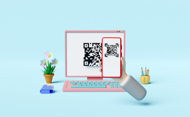 computer monitor with hand holding mobile phone,smartphone,qr code scanning isolated on blue background,franchise business or online shopping,cashless payment concept,3d illustration,3d render