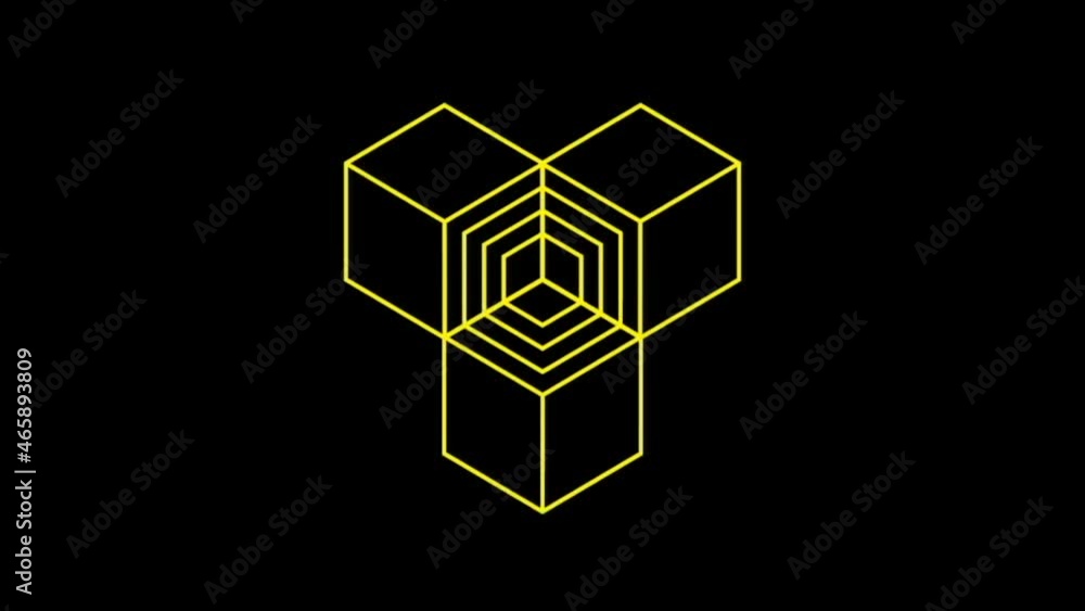 Poster 3D animation of the Golden cube rotation, the appearance of many cubes disintegrating into fragments.Abstract background with neon squares. Seamless loop.