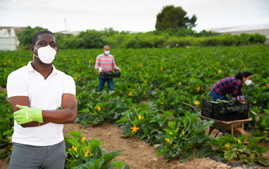 Portrait of confident african american farmer in medical face mask on background of farm field during harvest on spring day. Concept of coronavirus infection prevention or dust protection